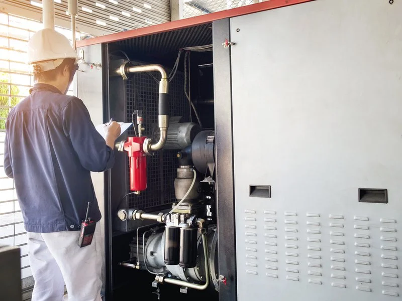 Man examining industrial air conditioning system